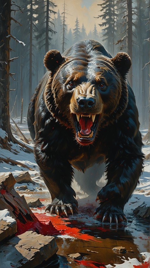 A large brown bear stands in a snowy forest with its mouth open in a roar, surrounded by blood on the ground.