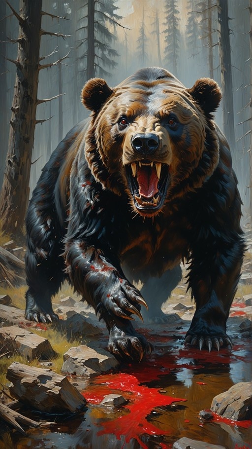 A large brown bear roars aggressively in a forest with its mouth open, revealing sharp teeth and claws. Blood covers its fur and pools on the rocky ground around it.