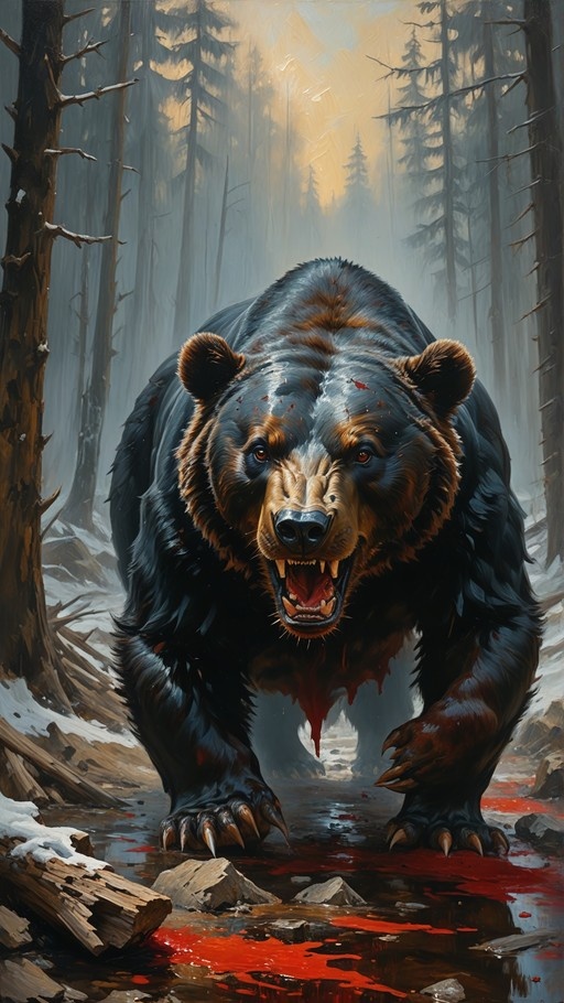 A large brown bear with blood on its face and chest stands in a snowy forest, roaring with an open mouth while blood pools around its paws.