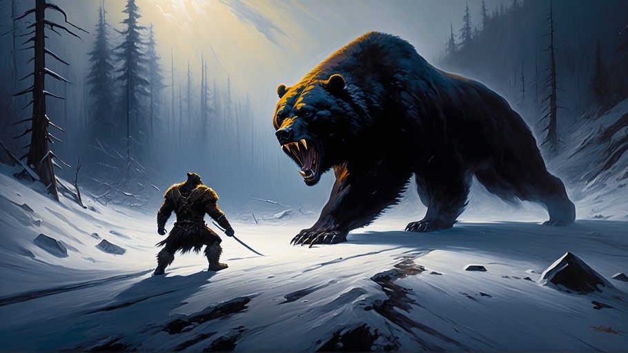 A bear-eared warrior holding a sword faces a massive roaring brown bear in a snowy forest