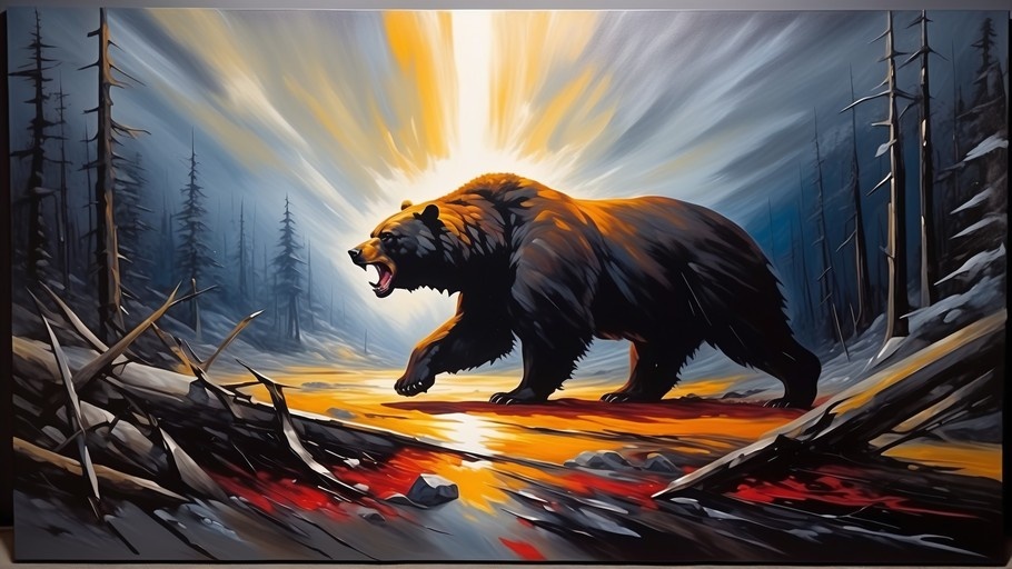 A large brown bear roars in profile while standing in a snowy forest, illuminated by bright rays of sunlight bursting from behind.