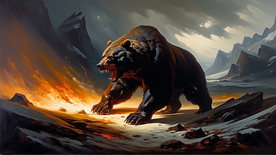A large brown bear roars with its mouth open while standing on a rocky slope next to a burst of fire in a mountainous landscape.