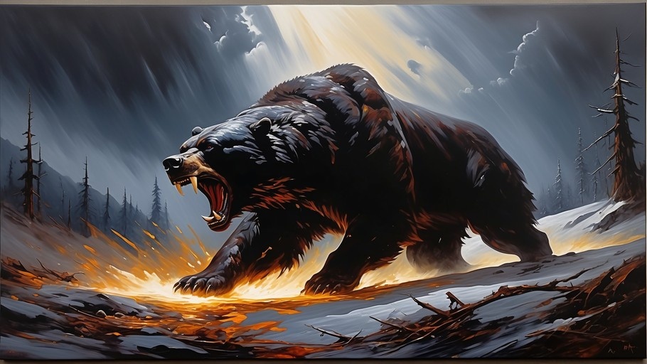A large dark bear roars with its mouth open in a snowy forest, with a fiery glow on the ground and dramatic clouds in the sky.