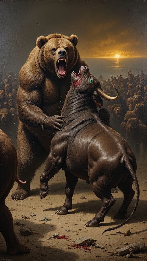 A large brown bear stands on its hind legs roaring at a dark horned bull during a fierce battle near the ocean at sunset.