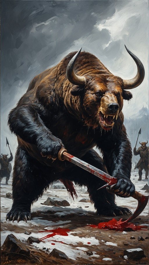 A large anthropomorphic bear with bull horns holds a bloody glaive in the snow while smaller horned warriors stand behind it.