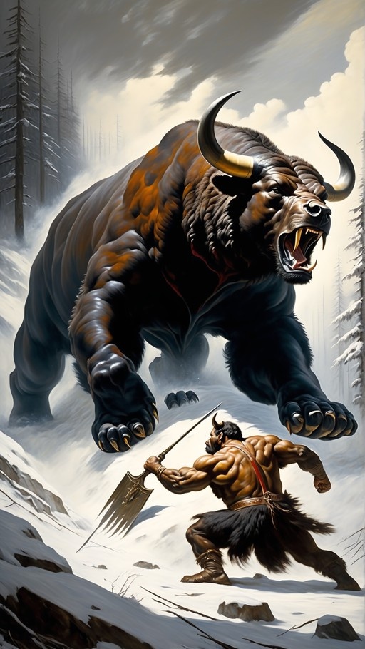 A horned warrior holding a spear faces a giant roaring boar in a snowy landscape.