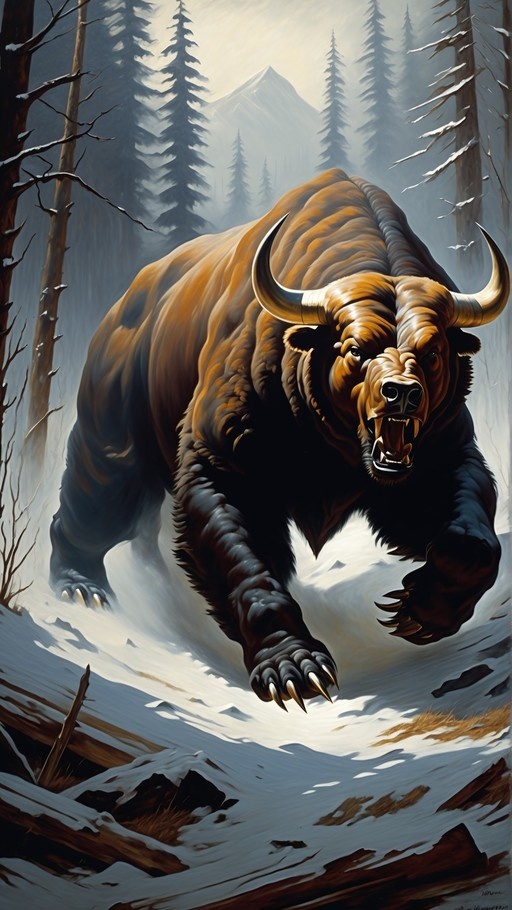 A large horned beast with thick brown fur and bull features charges through a snow-covered forest with mountains in the distance.