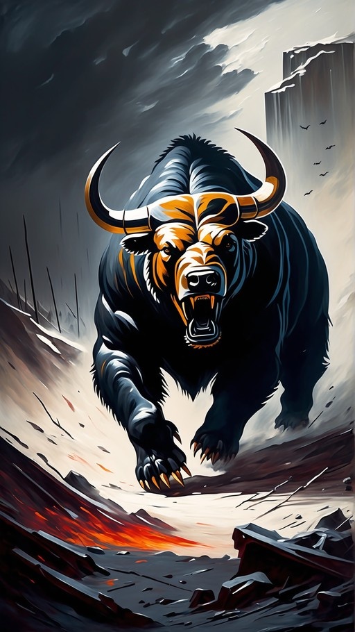 A fierce black bull monster with orange markings and large curved horns charges forward across a rocky landscape with sharp claws and an open mouth under a cloudy sky.