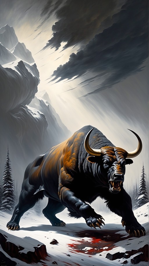 A large bull-like monster with horns and claws roars in a snowy mountain landscape with blood on the ground.