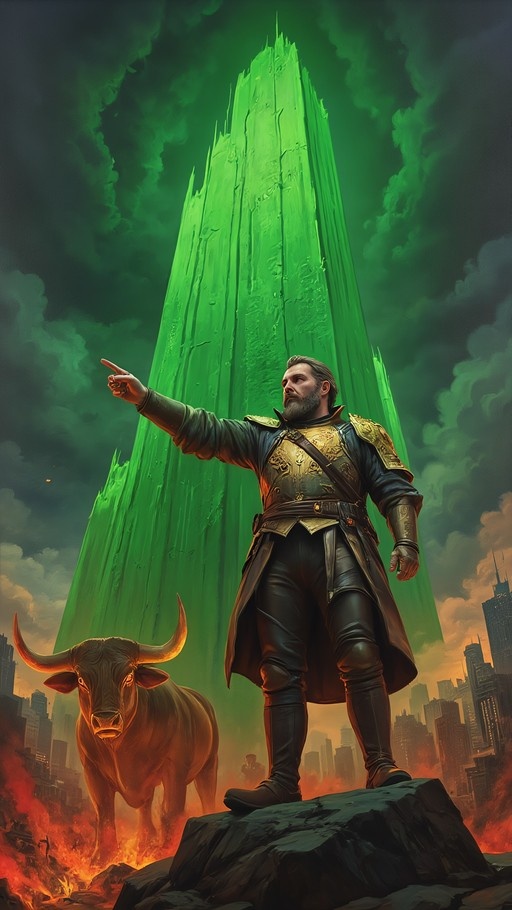 A bearded man in armor stands on a rock pointing at a large green crystal spire while a bull stands next to him.