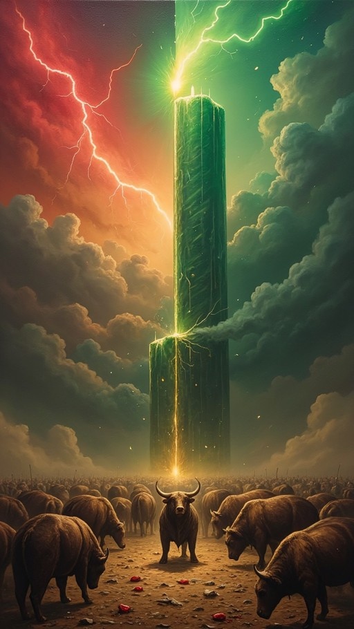 A herd of brown bulls stands in a field beneath a dramatic split-colored sky with red and green lightning surrounding a massive glowing green pillar.