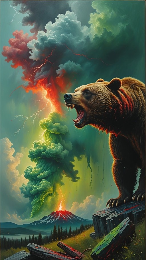 A large brown bear roars with its mouth open while standing on a rock in front of an erupting volcano with green and red smoke and lightning.