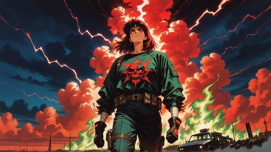An anime-style young man with dark hair and a red skull shirt stands confidently against a backdrop of red clouds, lightning, and fire.