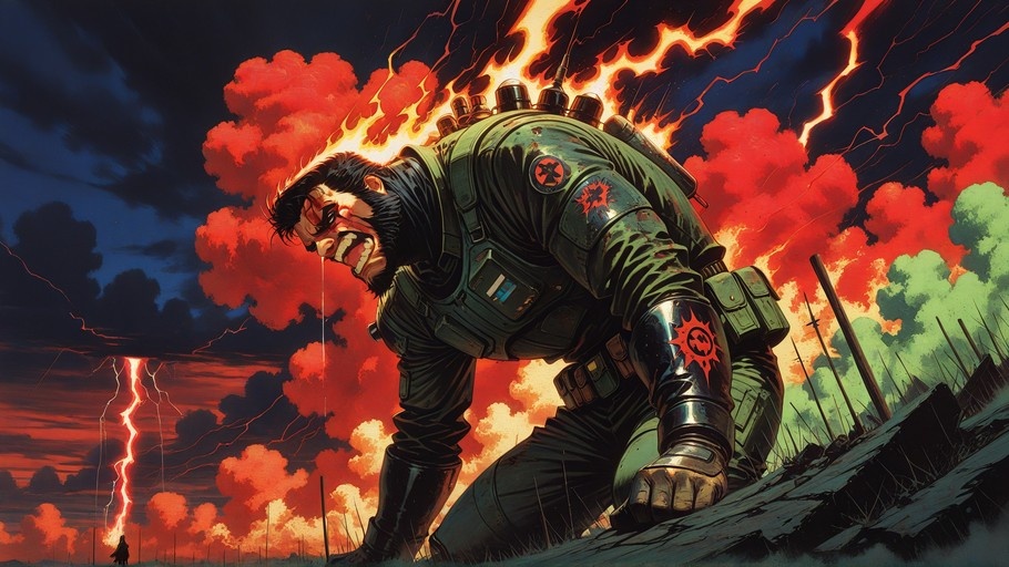 A western comics style illustration of a bearded soldier in heavy armor kneeling amidst lightning and red clouds.