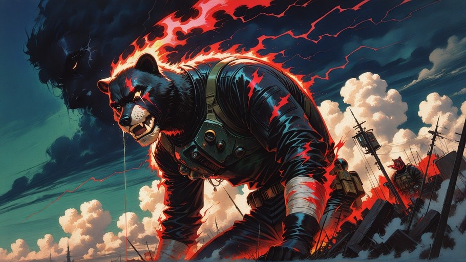 A muscular anthropomorphic black bear in tactical gear charges forward, wreathed in glowing red energy cracks, against a dramatic stormy sky.