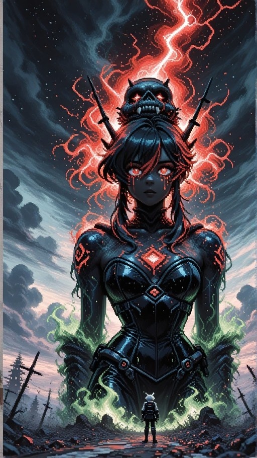A towering pixel-art demoness with glowing red eyes and a horned skull helmet looms over a desolate landscape, surrounded by green flames as a tiny white-haired figure gazes up at her.