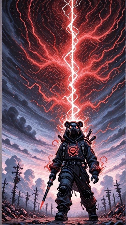 Pixel art of an anthropomorphic bear in a gas mask holding a glowing sword under a stormy sky.