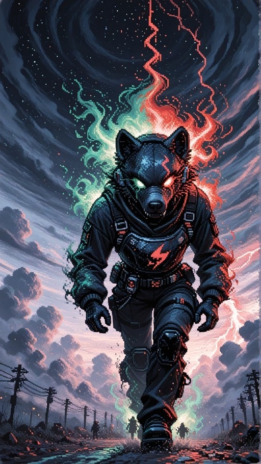Pixel art of a furry wolf warrior in tactical gear walking on a road with power lines under a stormy sky