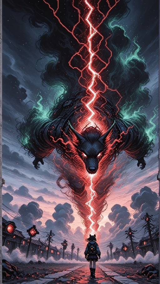 A pixel art image of a giant wolf monster with glowing red eyes and green energy in the sky, striking lightning down onto a street where a girl with animal ears and a backpack stands looking up.