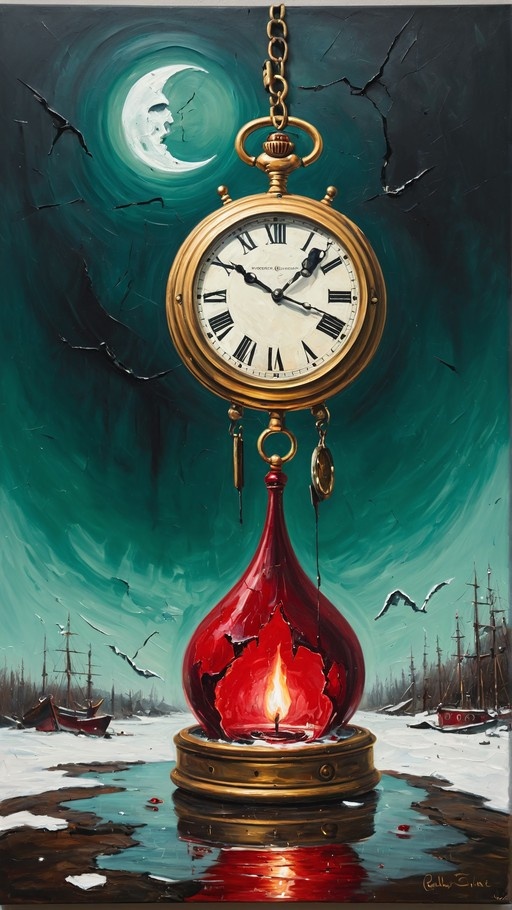 A large golden pocket watch hangs from a chain above a red glass bulb containing a flame, set against a teal night sky with a skull-like crescent moon and a snowy harbor below.