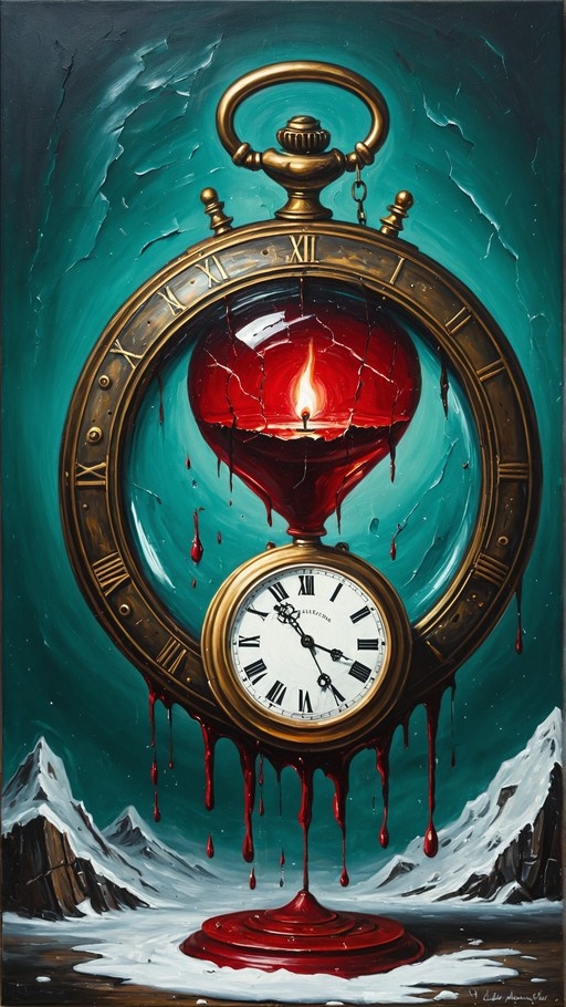 A surreal digital illustration of a melting golden pocket watch with a cracked red interior dripping crimson liquid onto a snowy mountain landscape.