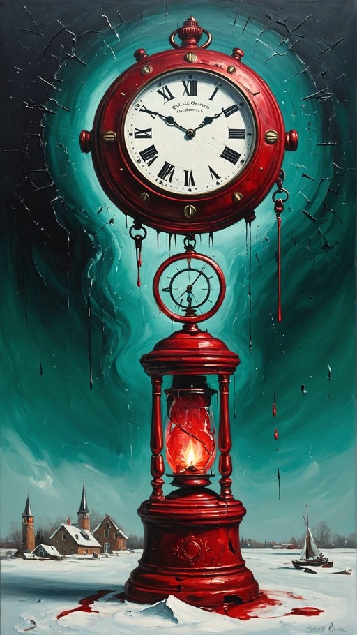 A massive red clock tower with a glowing lantern base stands in the snow, dripping crimson liquid against a cracked teal sky over a quiet village.