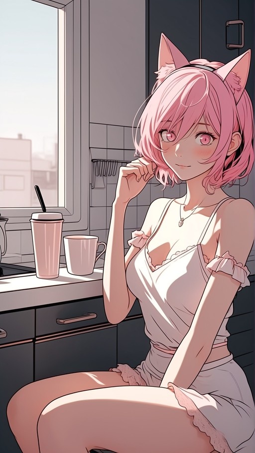 Anime girl with pink hair and cat ears sitting in a kitchen wearing a white top
