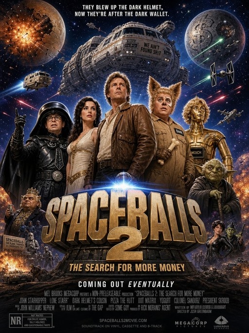 A parody movie poster for Spaceballs 2 featuring characters like Lone Starr and Dark Helmet against a space backdrop with the text "The Search for More Money".