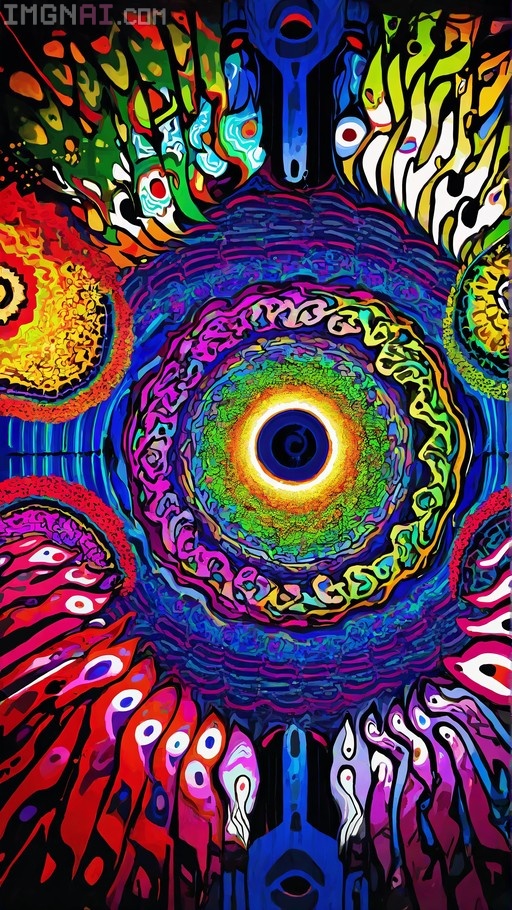 A psychedelic digital painting featuring a large central eye with a green iris surrounded by swirling blue and purple patterns and smaller scattered eyes.