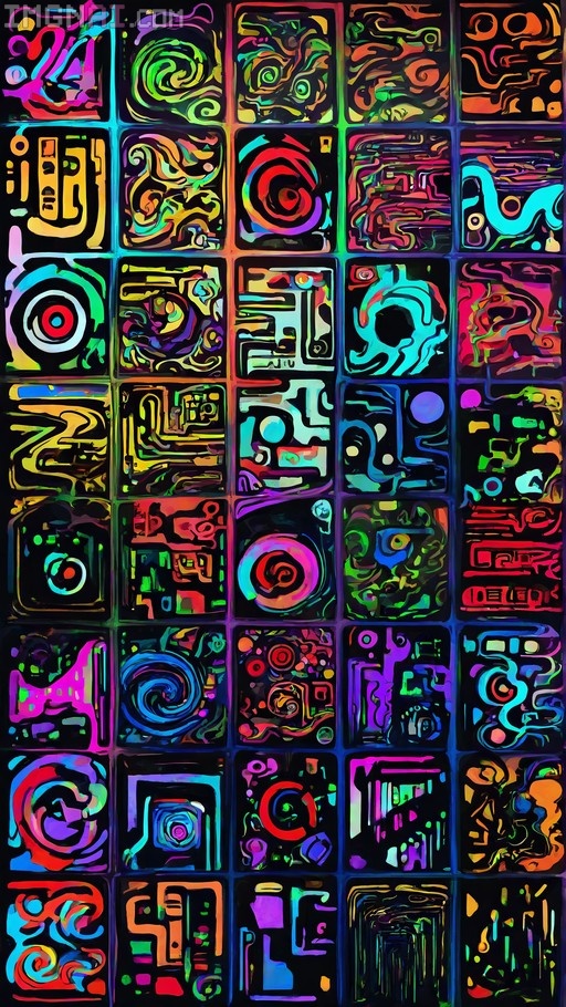 A vertical grid of colorful abstract squares containing swirling shapes and stylized representations of the numbers 3 and 5 in a psychedelic typographic style with neon colors.
