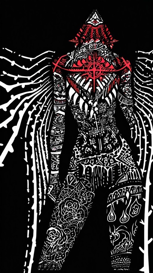 A high-contrast illustration of a winged humanoid figure covered in intricate white tattoos against a black background, with red accents on the chest symbol and headpiece.