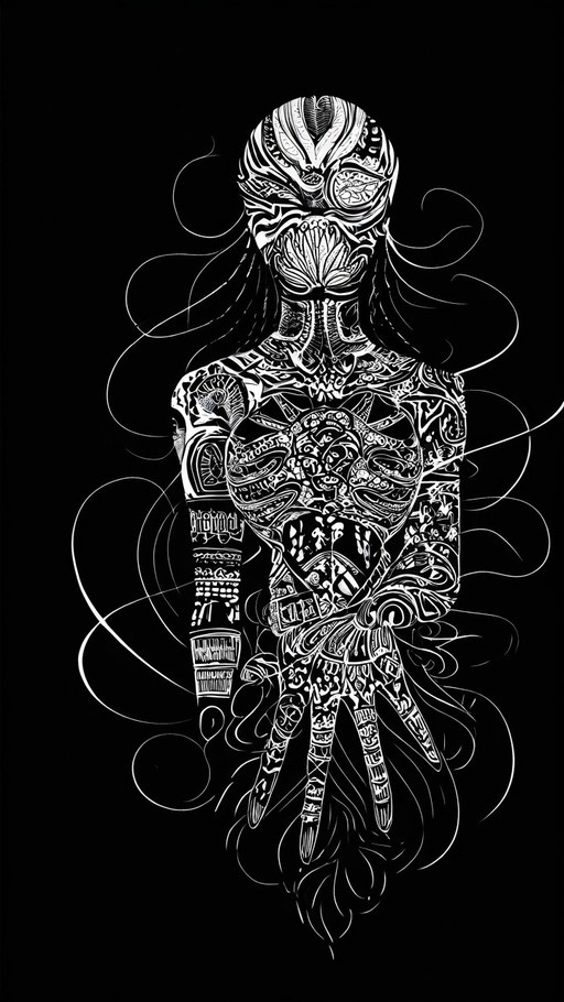 A detailed white line drawing of an alien-inspired female figure with long hair and a mask-like face against a black background.