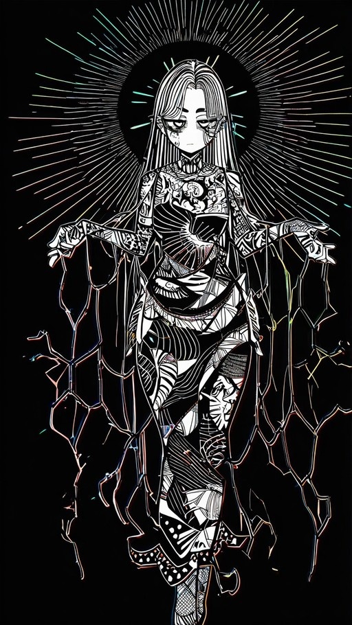 Full-body monochrome illustration of a woman with long hair and tattoos on her arms and chest, wearing a patterned dress against a black background with a radiating sunburst halo.