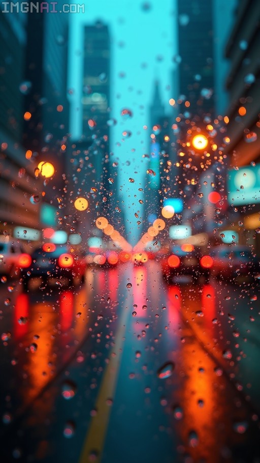 A vertical view of a rainy city street at night seen through a window covered in water droplets, with blurred orange and blue lights in the background.