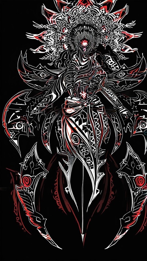 A full-body digital illustration of a complex eldritch demoness with glowing red eyes and multiple extra eyes, rendered in intricate white line art against a black background with red accents.