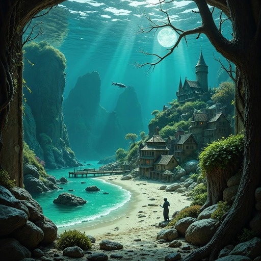 A sitcom-style family stands on an underwater beach with a castle as piranhas leap from the water, followed by a title card reading Piranha Piranha Padha Pardaise.