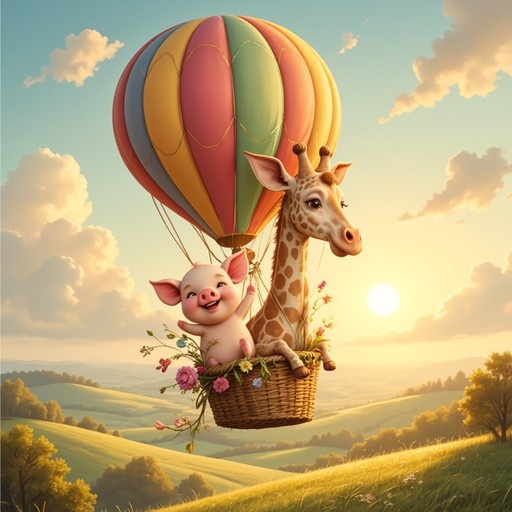 A cute pink pig and a giraffe sitting in the basket of a striped hot air balloon flying over green hills at sunset.