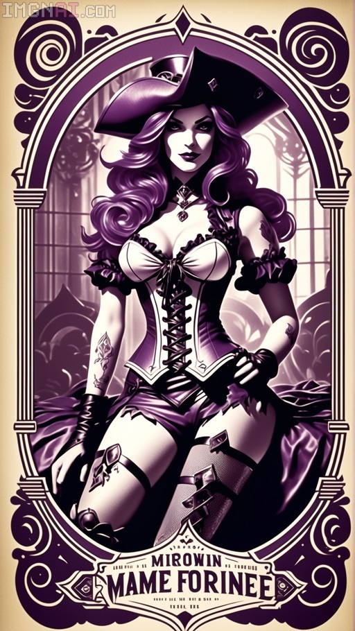 Miss Fortune from League of Legends depicted in a purple and beige monochrome halftone style on a vintage promotional card.