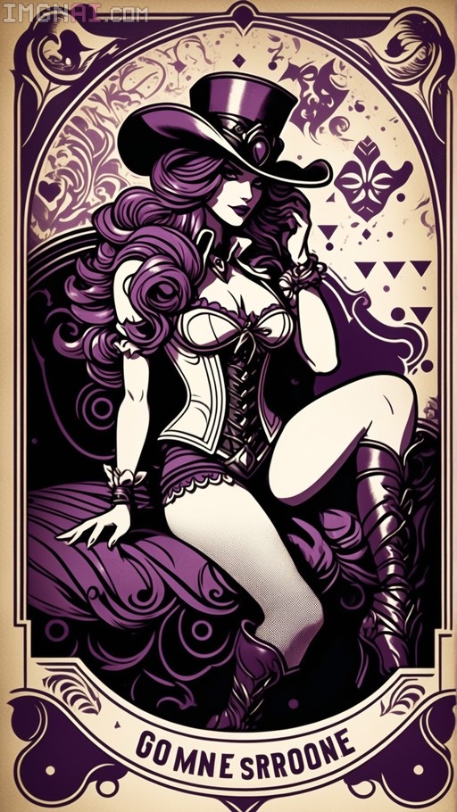 A monochrome illustration of Miss Fortune from League of Legends reclining on an ornate surface, framed like a vintage card with purple halftone shading and text at the bottom.