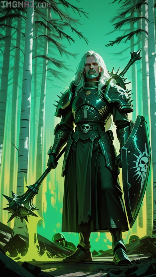 A full-body illustration of Lorgar Aurelian in dark green spiked armor holding a mace and a shield with a skull emblem, standing in a birch forest.