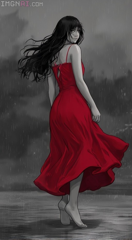 A young woman with long black hair stands barefoot in the rain wearing a flowing red dress against a grey background, looking back over her shoulder.