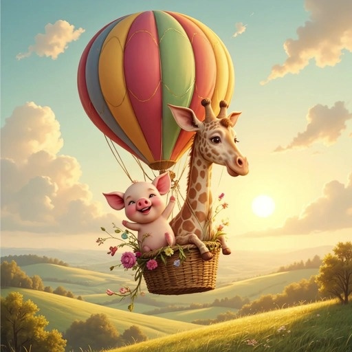 An animated pig and giraffe sit in a flower-decorated basket of a colorful hot air balloon, drinking juice against a sunset backdrop before being caught in a shark-filled tornado.