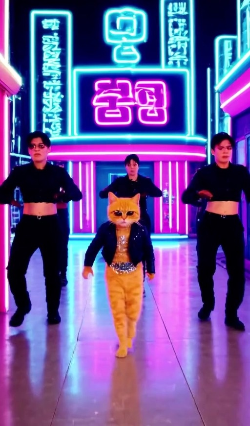 An orange cat wearing sunglasses and a black jacket walks down a street with neon signs while backup dancers perform behind it.