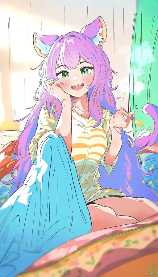 A cheerful purple-haired anime girl with cat ears and a tail smiles broadly while holding a spoon, wearing a yellow striped shirt near a sunlit window.