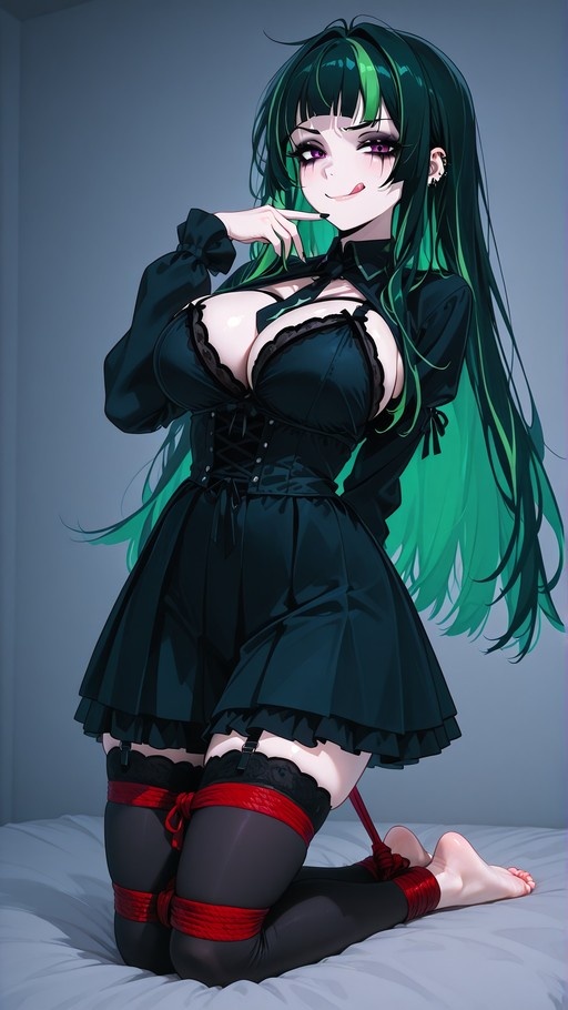 An anime girl with long green hair and purple eyes kneels on a bed in a black dress, her legs bound by red rope as she playfully points to her tongue.