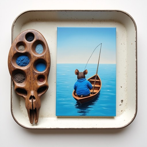 Canvas painting of a mouse in a blue hoodie fishing from a boat on the ocean, placed next to a wooden skull palette filled with colored sand inside a white tray.