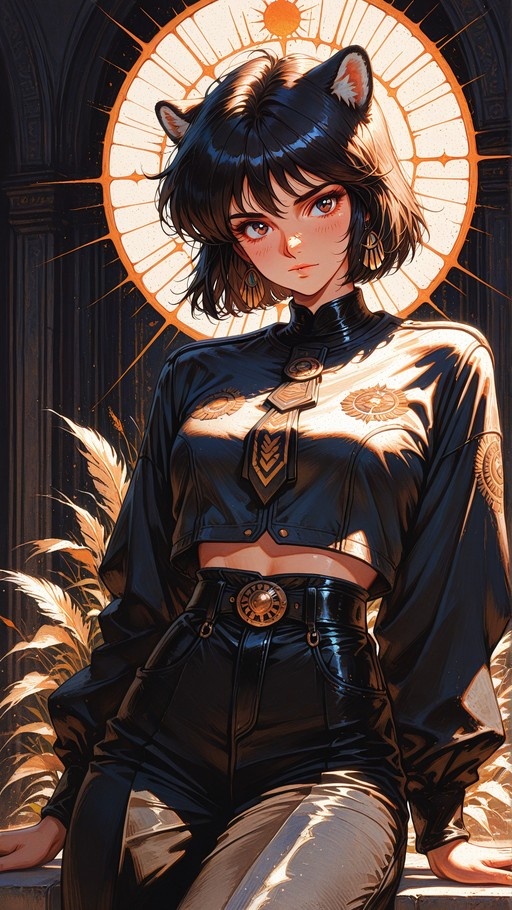 A cat-eared woman with short black hair sits in front of a sunlit circular window, wearing a shiny dark blue uniform jacket with gold details and high-waisted pants.