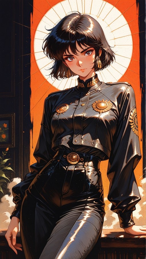 An anime-style illustration of a young woman with short black hair and gold tassel earrings, wearing a shiny black military jacket with golden sun emblems and tight black pants, standing in front of a large orange sunburst.