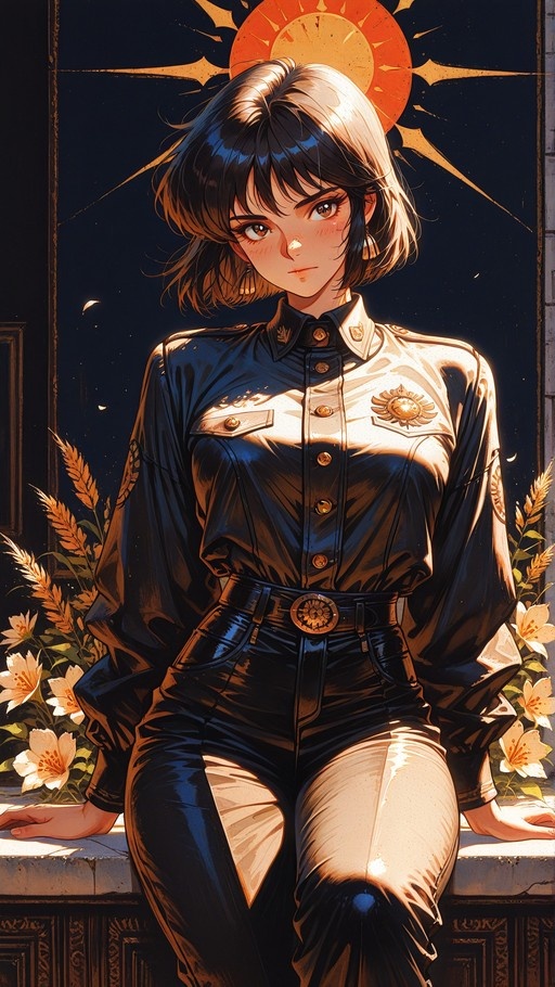 A short-haired anime woman in a dark button-up uniform sits on a ledge surrounded by white flowers and wheat, with a large orange sun design behind her.