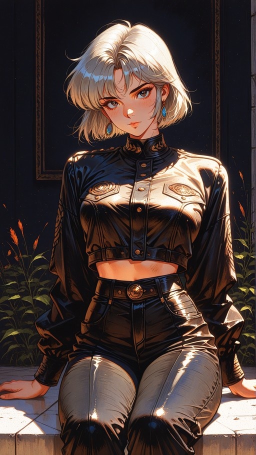 An anime-style illustration of a young woman with short white hair and blue eyes sitting outdoors in the sunlight, wearing a glossy black cropped jacket and tight pants.